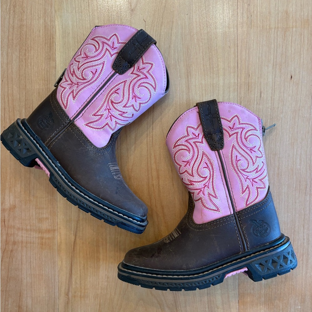 Georgia Boot Kids Brown Leather Cowboy Boots with Pink Embroidered Shaft